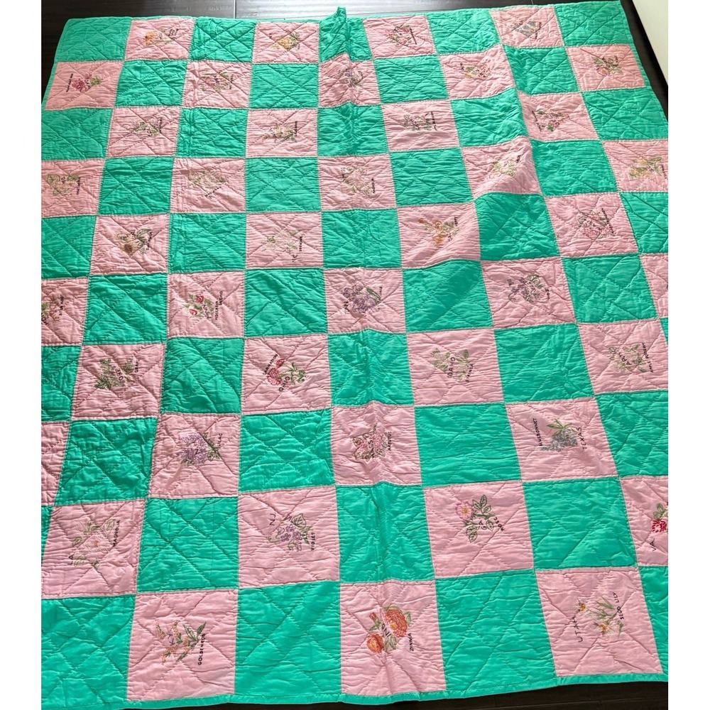 Handmade Embroidered Blanket Quilt Throw State Flowers Green Pink **READ 82"x68"